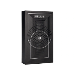 Belius Turbo Roller y estuche aluminio textura punteada negro plateado tinta negro caja de diseño