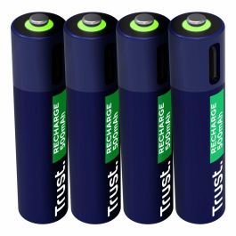 Trust 25671 - Pack 4 Pilas AAA Recargables USB-C, 500 mAh, 800 Ciclos, Carga Ultra Rápida 1h con Indicador LED