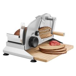 Ritter PIATTO-5 Cortafiambres Manual con Hoja Dentada de 17 cm y Tabla de Bambú FSC, Acabado Plateado Metálico