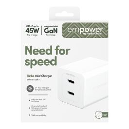 PanzerGlass empower GaN Turbo Charge Cargador Rápido 45W con 2 Puertos USB-C, Enchufe UE, Color Blanco Plata