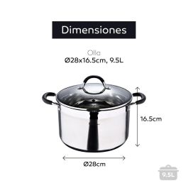 Masterpro Olla Foodies Bgmp-1506-bk, Acero Inoxidable 18/10, 9.5L, Ø28x16.5cm, Tapa de Vidrio, Inducción