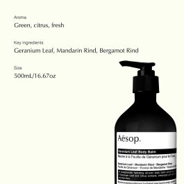 AESOP GERANIUM LEAF body balm 500 ml para hidratación profunda con aceites nutritivos y extractos cítricos para una piel radiante