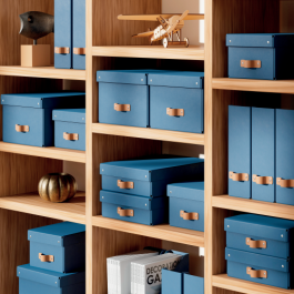 Leitz Caja de almacenaje cartón mediana baja con asa de piel, pack de 2 unidades, azul, para documentos A4/portátiles