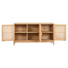 DKD Home Decor Aparador Tropical de Abeto y Ratán Marrón Claro, Acabado Natural, 120x40x65cm con 3 Puertas y 3 Estantes