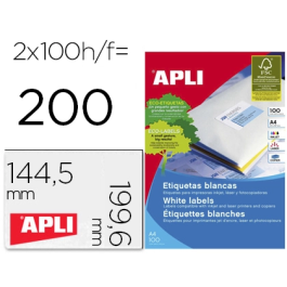 Apli Etiquetas Adhesivas C-Romos 2 X 100H 199,6x144,5 mm Inkjet-Láser Blanco Precio: 18.49999976. SKU: S8400904