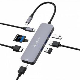 Verbatim Hub Multipuerto USB-C Pro 8 Puertos: 8K, 4K, 3x USB-A 3.2 Gen1 5Gb/s, SD/microSD, USB-C PD 100W