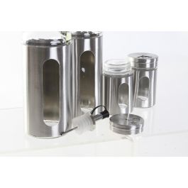 DKD Home Decor Vinagrera Plateado Inox y Cristal Set de 4 Piezas 22x5.4x22 cm