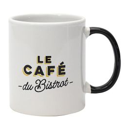 Home Deco Factory Mug Bistrot Le Café du Bistrot, Cerámica Blanca con Asa Negra, 300 ml