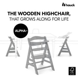HAUCK Alpha + Silla alta de madera escalable para bebé - Asiento y reposapiés ajustables, arnés 5 puntos, gris