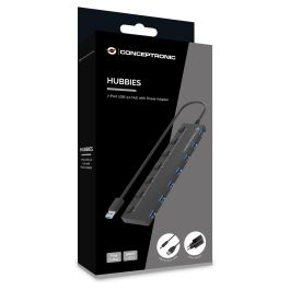 Conceptronic HUBBIES19BP Hub USB 3.2 de 7 Puertos 5 Gbps con Adaptador de Corriente