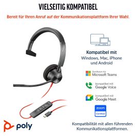 Poly Blackwire 3310 Auricular USB-A Monoauricular con Micrófono con Cancelación de Ruido Certificado para Microsoft y UC Negro