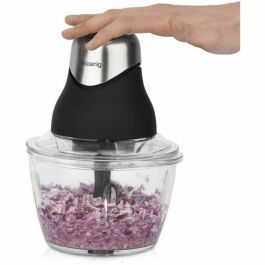 H.Koenig LEO8 Mini Picadora Eléctrica Compacta 320W con Bol de Cristal 1L y Cuchillas de Acero Inoxidable, Negro mate y cromo