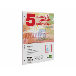 Liderpapel Recambio Cuarto 100 Hojas 75gr Cuadriculado Pautado 5mm con Margen y 6 Taladros