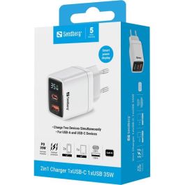 Sandberg Cargador de Pared Rápido 2 en 1 con 1x USB-C y 1x USB-A (35W), Pantalla de Potencia y Carga Dual para Smartphone/Tablet