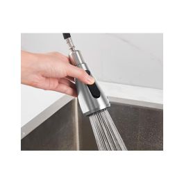 Verhal Grifo de Cocina Monomando Caño Alto Extraíble Plateado Cepillado, Inox 304, Ducha con Pulsador y Caño Giratorio, Serie Trazo