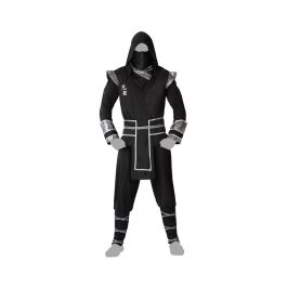 Disfraz Ninja Adulto Hombre Negro Plateado Talla M-L para Carnaval - Incluye Camiseta con Capucha, Pantalón, Cinturón y Pañuelo