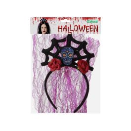 Diadema Halloween Telaraña Púrpura Mujer Adulto Corona con Velo Negro y Morado Accesorio Catrina