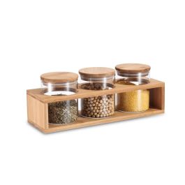 DKD Home Decor Juego de 3 Botes Recipientes de Almacenamiento Básicos de Borosilicato y Bambú Natural 11x11.5x31 cm