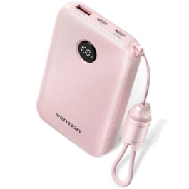 Vention FKAP0-C Powerbank 10000mAh 22.5W Rosa con Cable USB-C Incorporado, Carga Rápida de hasta 2 Dispositivos