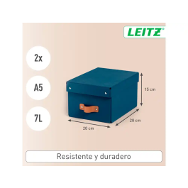 Leitz Caja de Almacenaje Pequeña de Cartón Azul con Asa de Piel, Pack de 2 Unidades, 7 Litros de Capacidad, 83x232x302 mm