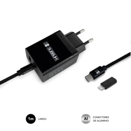 SUBBLIM CARGADOR ULTRA RAPIDO 2xUSB DE PARED PD25W+QC3.0+Cable C to C y lightning Negro