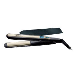 Remington Plancha de pelo cerámica sleek&curl S6500, placas extra-largas 110 mm, calentamiento rápido 15 seg, pantalla digital, negro/dorado