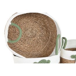 DKD Home Decor Cesta Boho de Fibra y Algodón Blanco Verde Natural 30x30x15 cm Set 3 Piezas (2 Unidades)
