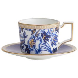Wedgwood Taza de Café con Plato 70 ml Hibiscus (2 Unidades) con Franjas de Oro de 22 Quilates Apta para Lavavajillas