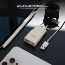Nano Cable 10.10.2028 Cargador de Pared USB-C PD 30W + USB-A QC 30W Blanco