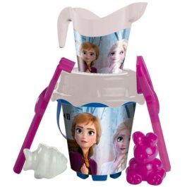 Cubo playa castillo frozen 2 con cedazo, pala,rastrillo y regadera y moldes 18 cm .