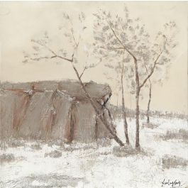 DKD Home Decor Cuadro 100% Pintado a Mano sobre Lienzo, Estilo Cottage con Árboles, Gris Beige Blanco 100x100 cm - Set de 2 Cuadros