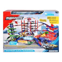 Majorette SMO3467452077207 - Garaje Super City 2 niveles, luces y sonidos, incluye 6 vehículos metálicos y 1 tren, 128x78x73 cm