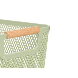 Kipit Cesta de Plástico con Asa de Bambú Verde 36x22 cm para Almacenamiento, Material PP y Bambú (Set de 24)