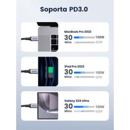 UGREEN Cable USB-C a USB-C Trenzado 1m, Carga Rápida 100W, 480Mbps, Reversible, Diseño de Aluminio, Negro y Plata