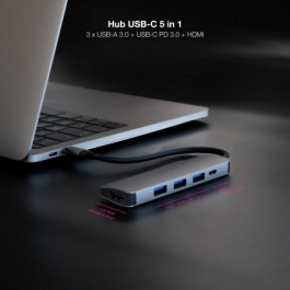 Nanocable 10.16.4605 Concentrador USB-C 5 en 1: 3x USB 3.0, HDMI 4K@30Hz, Power Delivery 100W, Gris Aluminio Nanocable 10.16.4605 Concentrador USB-C 5 en 1: 3x USB 3.0, HDMI 4K@30Hz, Power Delivery 100W, Gris Aluminio