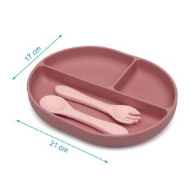 KioKids Set Cubiertos y Bandeja BLW en Silicona con Ventosa y Divisiones Rosa +6 Meses
