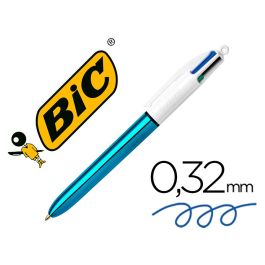 Bic Bolígrafo 4 Colores Shine Silver Cuerpo Blanco-Azul Metálico Caja 12 Ud