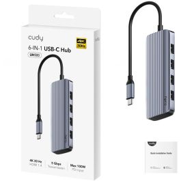 Cudy UH500 Hub USB-C 6 en 1 con HDMI 4K, 4x USB 3.0, 1x USB-C PD, para Conectar Dispositivos a tu Portátil
