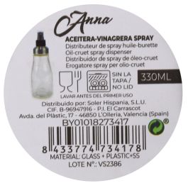 Anna Aceitera y Vinagrera en Spray, Botella de 330 ml para Cocina, 20.1 cm de Alto (12 Unidades)