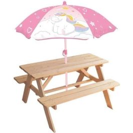 Mesa de picnic de pino Unicornio con sombrilla - FUN HOUSE - Al.53 x L.95 x P.75 cm - Para niños Mesa de picnic de pino Unicornio con sombrilla - FUN HOUSE - Al.53 x L.95 x P.75 cm - Para niños