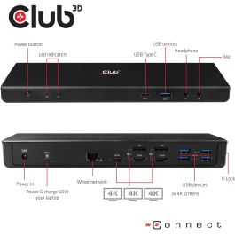 Club3D CSV-1562 Docking Station USB-C 4K 6xUSB 3.0, 2xDisplayPort, HDMI, LAN, Audio. Compatible con Windows y Mac.
