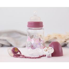 KioKids Set Biberón 250 mL, Chupete Ortodóntico Silicona y Pinza Sujetachupete Rosa | Bebés +6 Meses