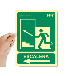 Archivo 2000 Pictograma Señal Salida Emergencia Escalera Sube Izquierda PVC Verde Luminiscente 224x300 mm