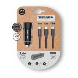 Tech One Tech Cargador mechero coche 2xUSB + cable triple nylon, carga rápida, universal micro-USB/Lightning/USB-C, 3A, 1.2m Precio: 7.79000057. SKU: B178BCL6SE
