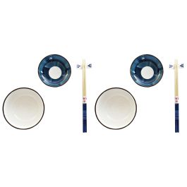 DKD Home Decor Set de Sushi Oriental, 8 Piezas de Porcelana y Bambú, Colores Azul y Blanco, 29.5x34x7.3 cm