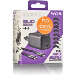 NGS Cargador GaN USB-C Portátil BUD65W-H 65W Power Delivery para HP con 8 Conectores y Voltaje Automático 5-20V