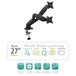 Ewent EW1516 Soporte Dual Ergonómico de Escritorio con Resorte de Gas para 2 Monitores hasta 32 Pulgadas, VESA, USB 3.1, Negro