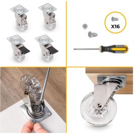 Emuca Lote de 4 ruedas Slip transparentes con placa de montaje, diámetro 75mm, Acero y Plástico