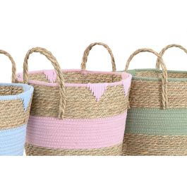 DKD Home Decor Cesta Kids de Seagrass y Algodón Rosa Verde Azul Natural 36 x 37 x 36 cm (3 Unidades)