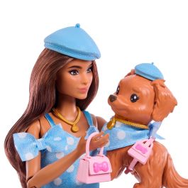 Barbie Jfp38 Muñeca Twinning Looks Castaña, Vestido Azul de Lunares, Boina, Bolso y Perro Mascota a Juego